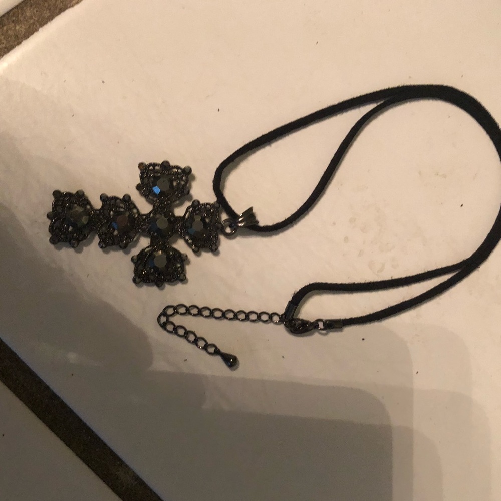Adjustable cross necklace with sparkly black gems